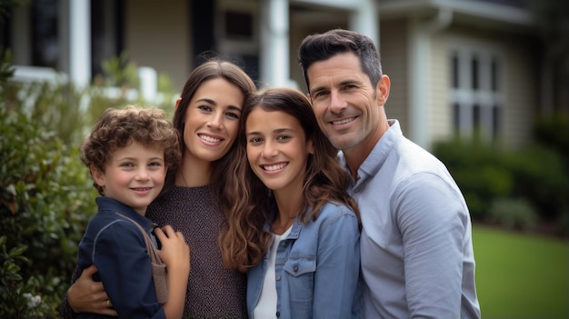 Retrato de família feliz em seu próprio quintal