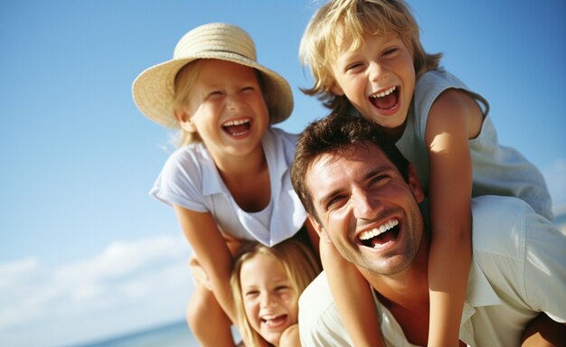 Retrato de família feliz se divertindo na praia contra o céu azul