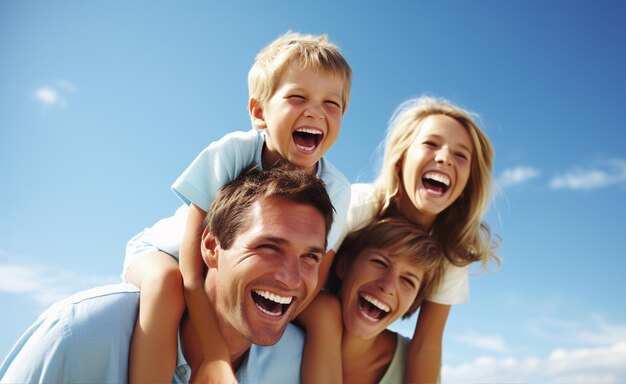 Retrato de família feliz se divertindo na praia contra o céu azul