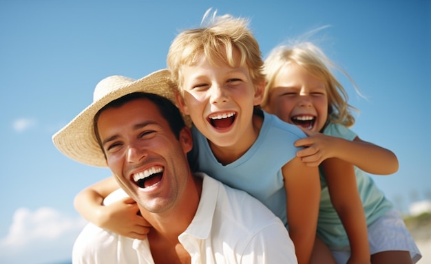 Retrato de família feliz se divertindo na praia contra o céu azul