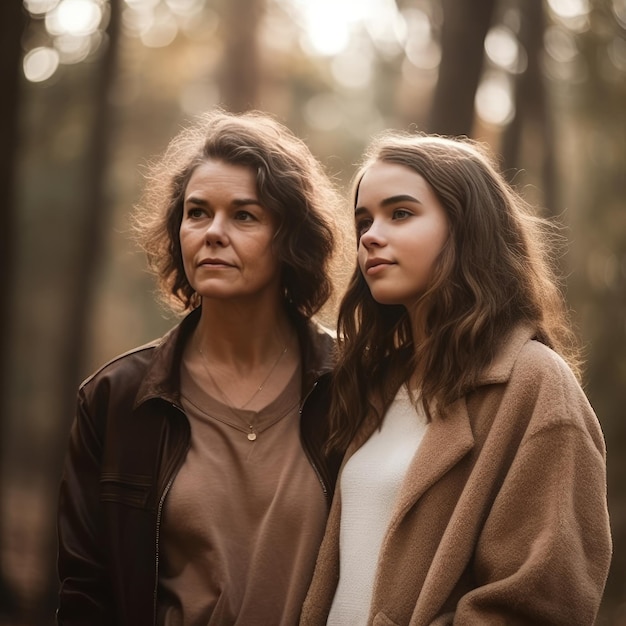 Retrato de família mãe e filha ao ar livre