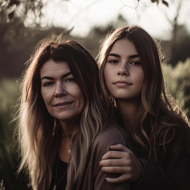 Retrato de família mãe e filha ao ar livre