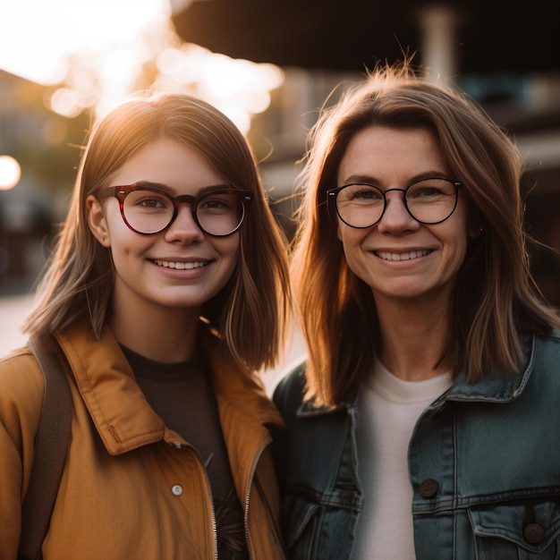 Retrato de família mãe e filha ao ar livre