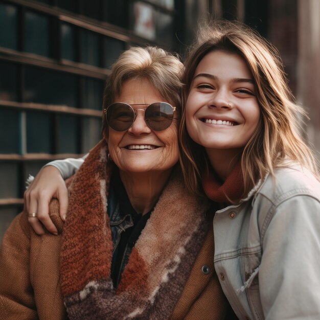 Retrato de família mãe e filha ao ar livre