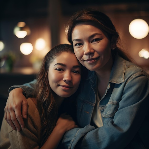 Retrato de família mãe e filha dentro de casa