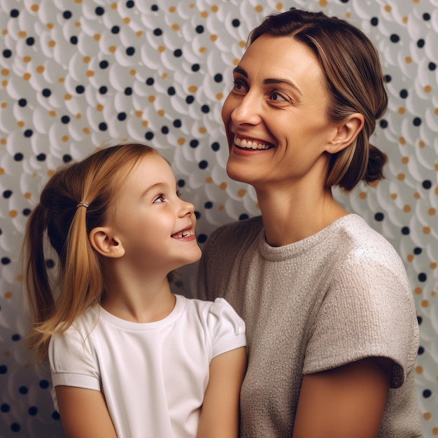 Retrato de família mãe e filha dentro de casa