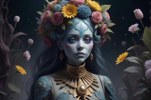 Foto retrato de fantasia de mulher com tocado floral