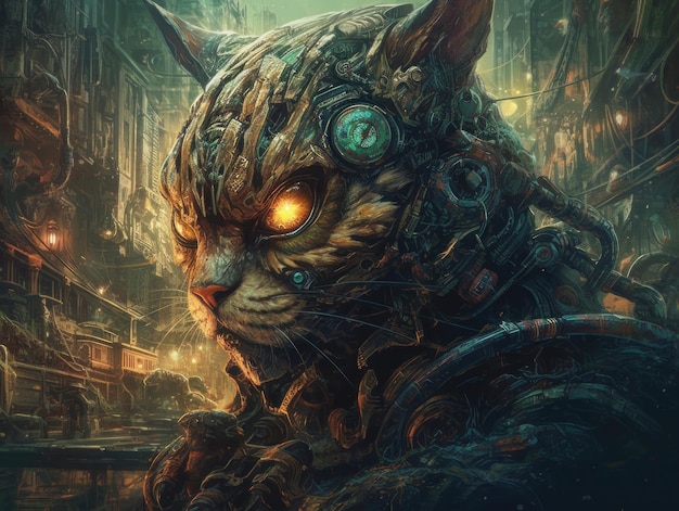 Retrato de fantasia de um gato no estilo steampunk Criado com tecnologia Generative AI