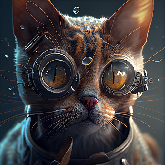 Retrato de fantasia de um gato usando óculos de aviador renderização em 3d