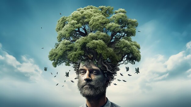 retrato de fantasia de um homem da natureza árvore veio de sua cabeça inspiração mãe natureza