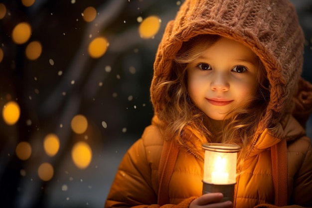 Foto retrato de fantasia de uma criança bonita com luzes de fada imagem de ia generativa