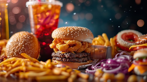 Foto retrato de fast food com outros alimentos em uma mesa de restaurante ia geradora