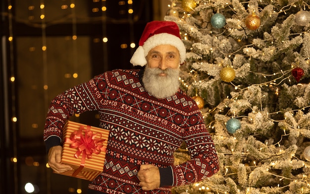 Retrato de feliz Papai Noel sentado em seu quarto em casa, perto de árvore de Natal.