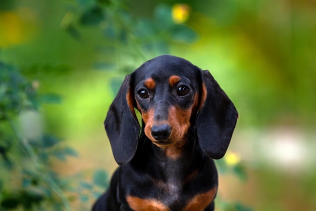 retrato de filhote de cachorro dachshund preto sentado ao ar livre