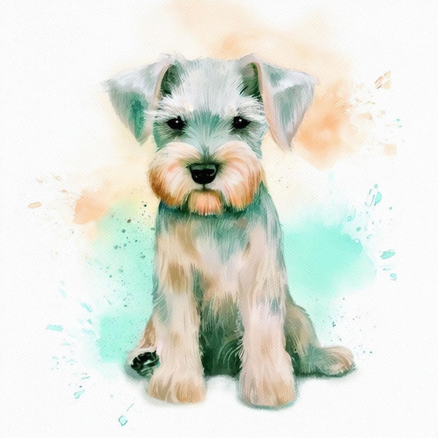 Foto retrato de filhote de cachorro schnauzer miniatura com aquarelas caprichosas