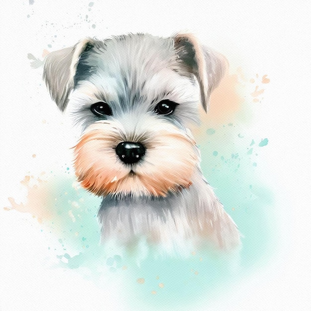 Retrato de filhote de cachorro Schnauzer miniatura com aquarelas caprichosas