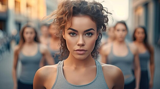 Foto retrato de fitness mulher esportiva com pessoas se exercitando