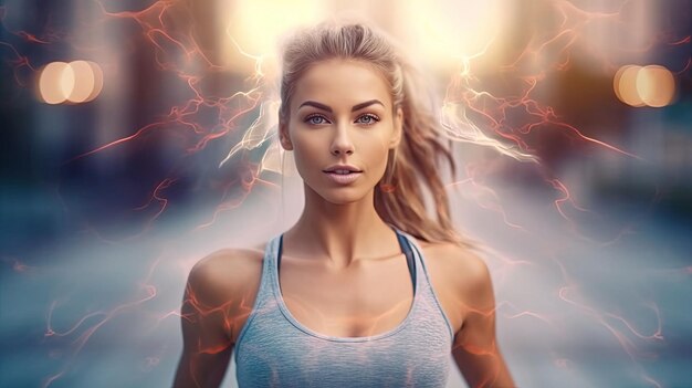 retrato de fitness mulher esportiva com pessoas se exercitando