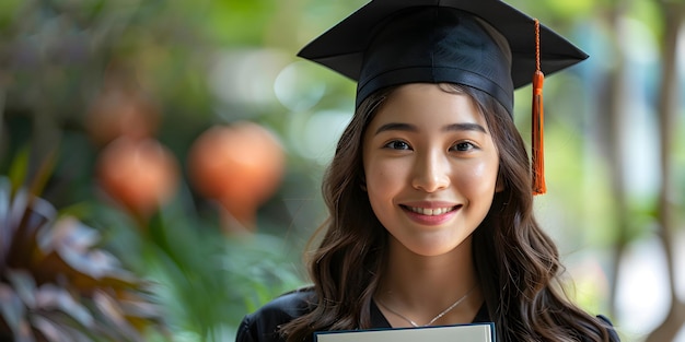 Retrato de formatura de jovem asiática alegre em papel de argamassa e vestido de solteiro conceito de cerimônia de formatura Parabéns aos graduados em formação universitária com espaço de cópia