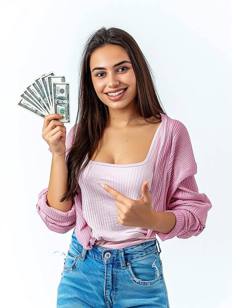 Foto retrato de foto de jovem mulher de negócios sorrindo enquanto segura mostrando e contando dólares