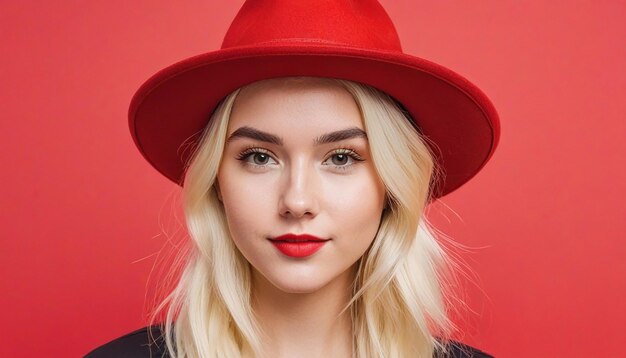 Retrato de foto de moda loira sorridente jovem vestindo chapéu
