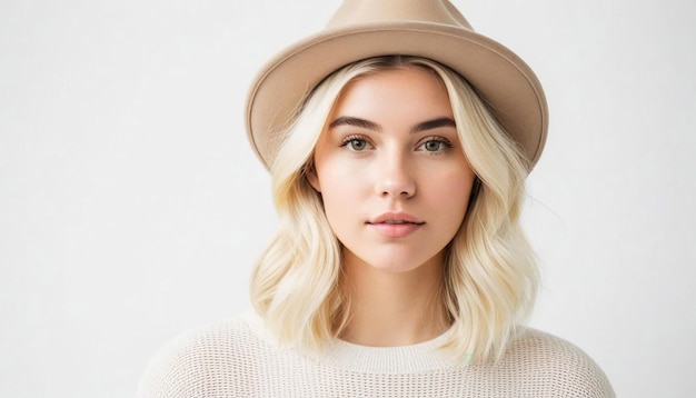 Retrato de foto de moda loira sorridente jovem vestindo chapéu