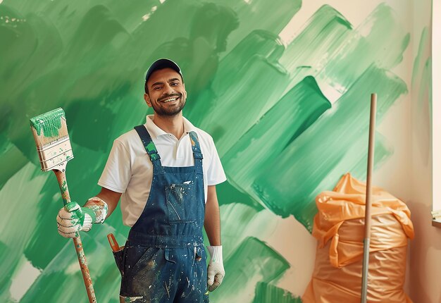 Retrato de foto de pintor homem pinta novo edifício e segura rolo usa uniforme