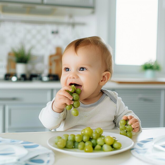 Foto retrato de foto de um bebê bonito e feliz comendo alguma comida