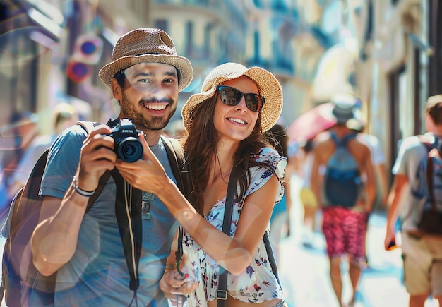 Foto retrato de foto de um jovem e lindo casal de viagem, marido e mulher sorrindo, tirando uma selfie.