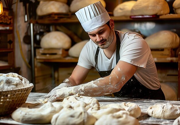 Retrato de foto de um jovem padeiro fazendo pão em uma padaria