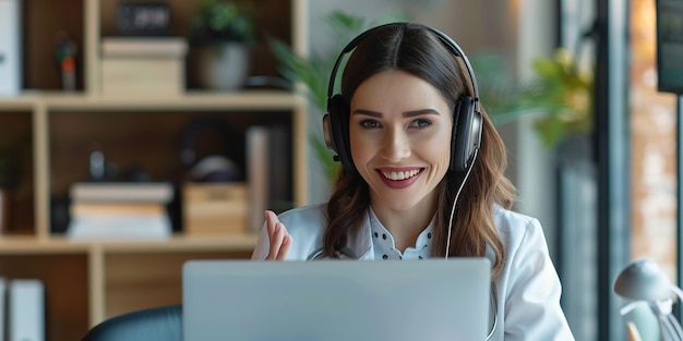 Retrato de foto de uma jovem médica feliz e bonita com fones de ouvido