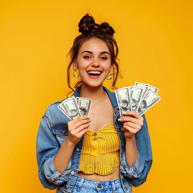 Retrato de foto de uma jovem modelo segurando dinheiro em dólar na mão com um sorriso bonito