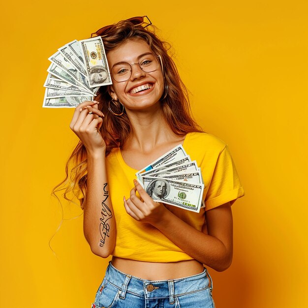 Foto retrato de foto de uma jovem modelo segurando dinheiro em dólar na mão com um sorriso bonito