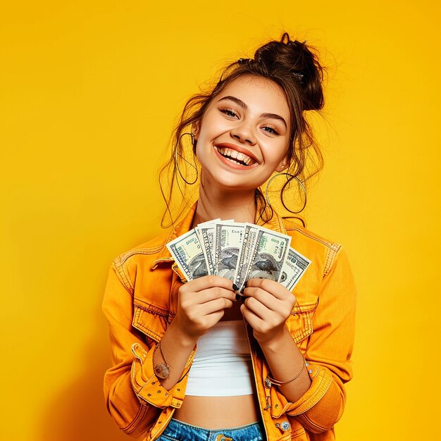 Retrato de foto de uma jovem modelo segurando dinheiro em dólar na mão com um sorriso bonito