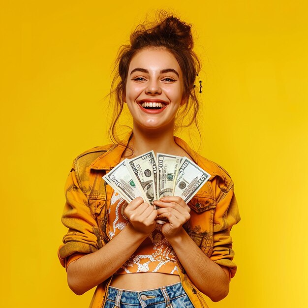 Foto retrato de foto de uma jovem modelo segurando dinheiro em dólar na mão com um sorriso bonito