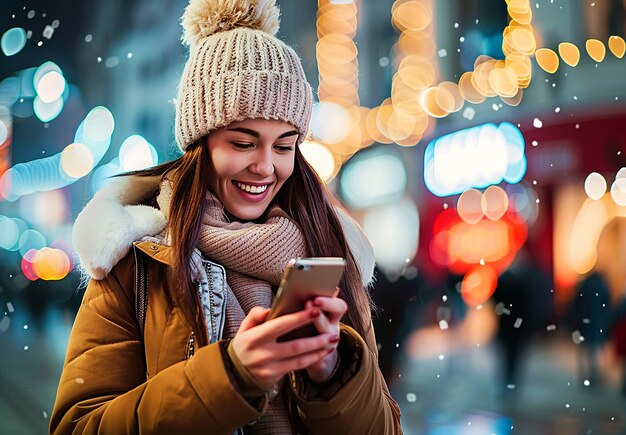 Foto retrato de foto de uma jovem senhora de natal usando um telefone celular