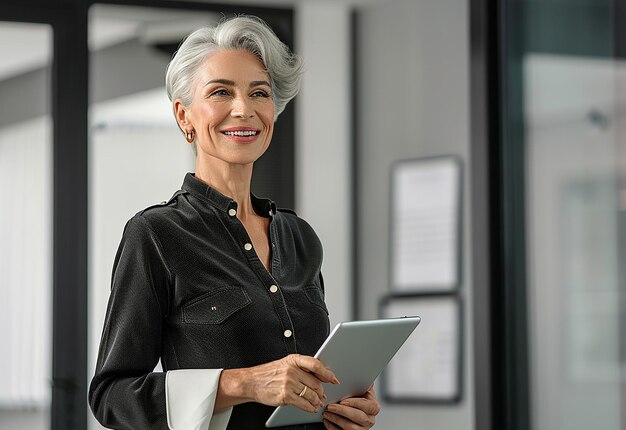 Foto retrato de foto de uma mulher de negócios idosa e madura feliz e ocupada trabalhando no escritório usando um laptop