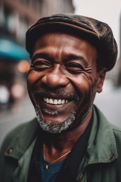 Retrato de foto e homem preto com um sorriso para felicidade positividade e sentir-se bem na cidade