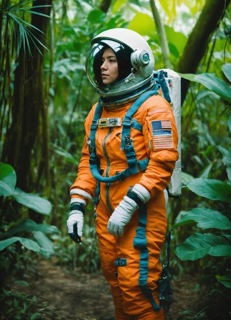 retrato de foto silenciado de mediumfull shot intitulado Astronauta feminina solitária em uma selva tangerina scifi