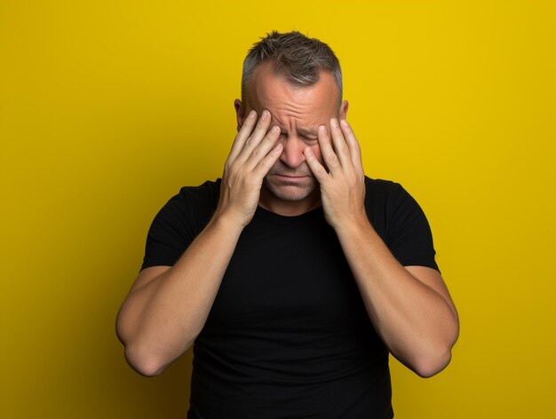 Retrato de fotografia de uma pessoa que faz facepalming vestindo uma camiseta preta simples isolada em um p