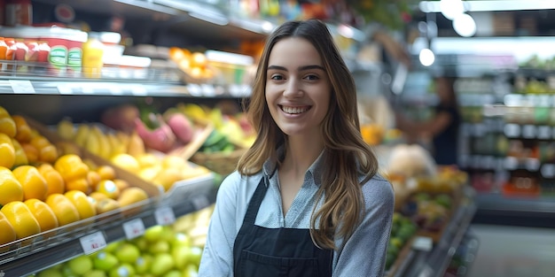 Retrato de funcionária sorrindo em uma mercearia de pé na prateleira de frutas com um conceito de geração de IA Conceito de fotografia de retrato Funcionária sorridente na mercearia Conceito de geração de AI