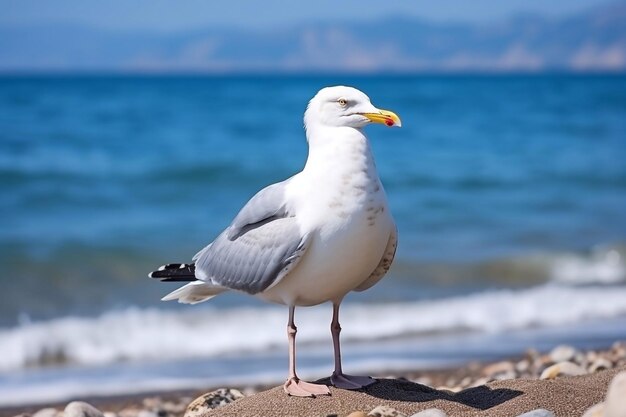 Retrato de gaivota contra a costa do mar Vista em close de gaivotas pássaros brancos sentados à beira da praia