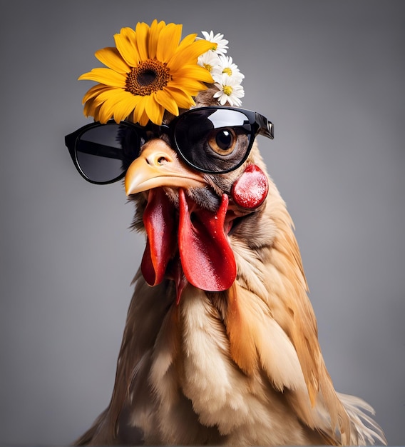 Retrato de galinha com óculos de sol e flores na cabeça