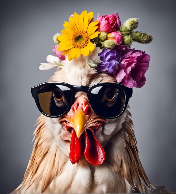 Retrato de galinha legal em óculos de sol com flores na cabeça