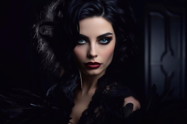 Retrato de garota modelo de alta moda com maquiagem gótica moderna estilo cabelo preto maquiagem acessórios escuros