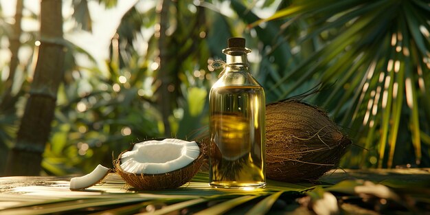 Foto retrato de garrafa de óleo de coco e composição de coco