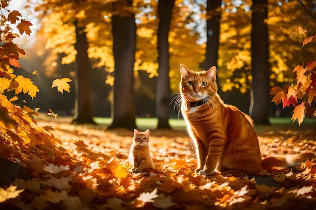 Retrato de gatinho com folhas de outono