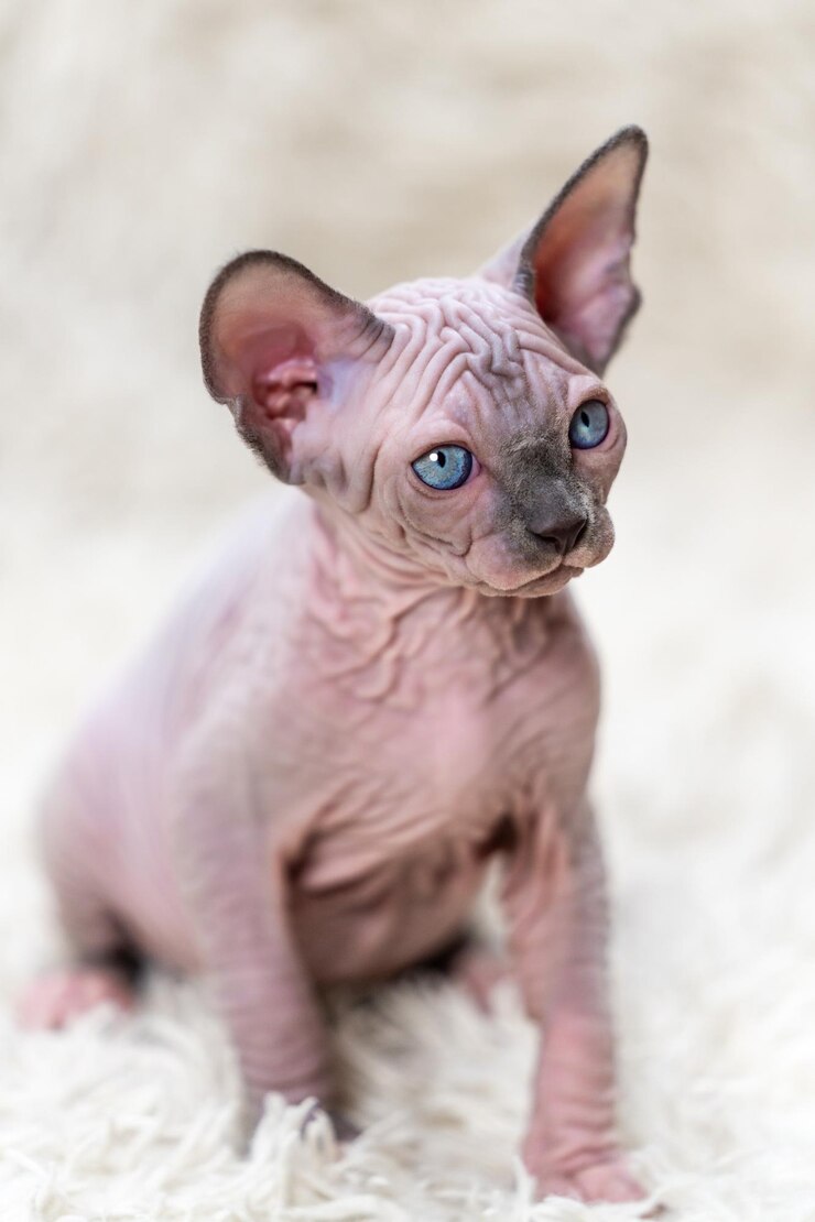 Retrato de gatinho doméstico canadense Sphynx Cat com grandes olhos azuis sentado em tapete com pilha longa