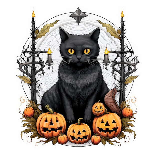 retrato de gatinho preto ilustração de Halloween desenho de terror assustador tatuagem adesivo isolado fantasia