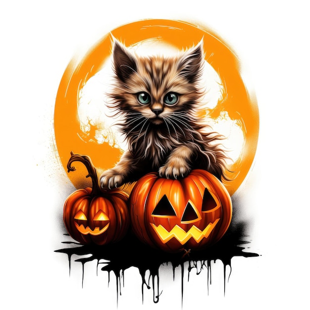 retrato de gatinho preto ilustração de Halloween desenho de terror assustador tatuagem adesivo isolado fantasia